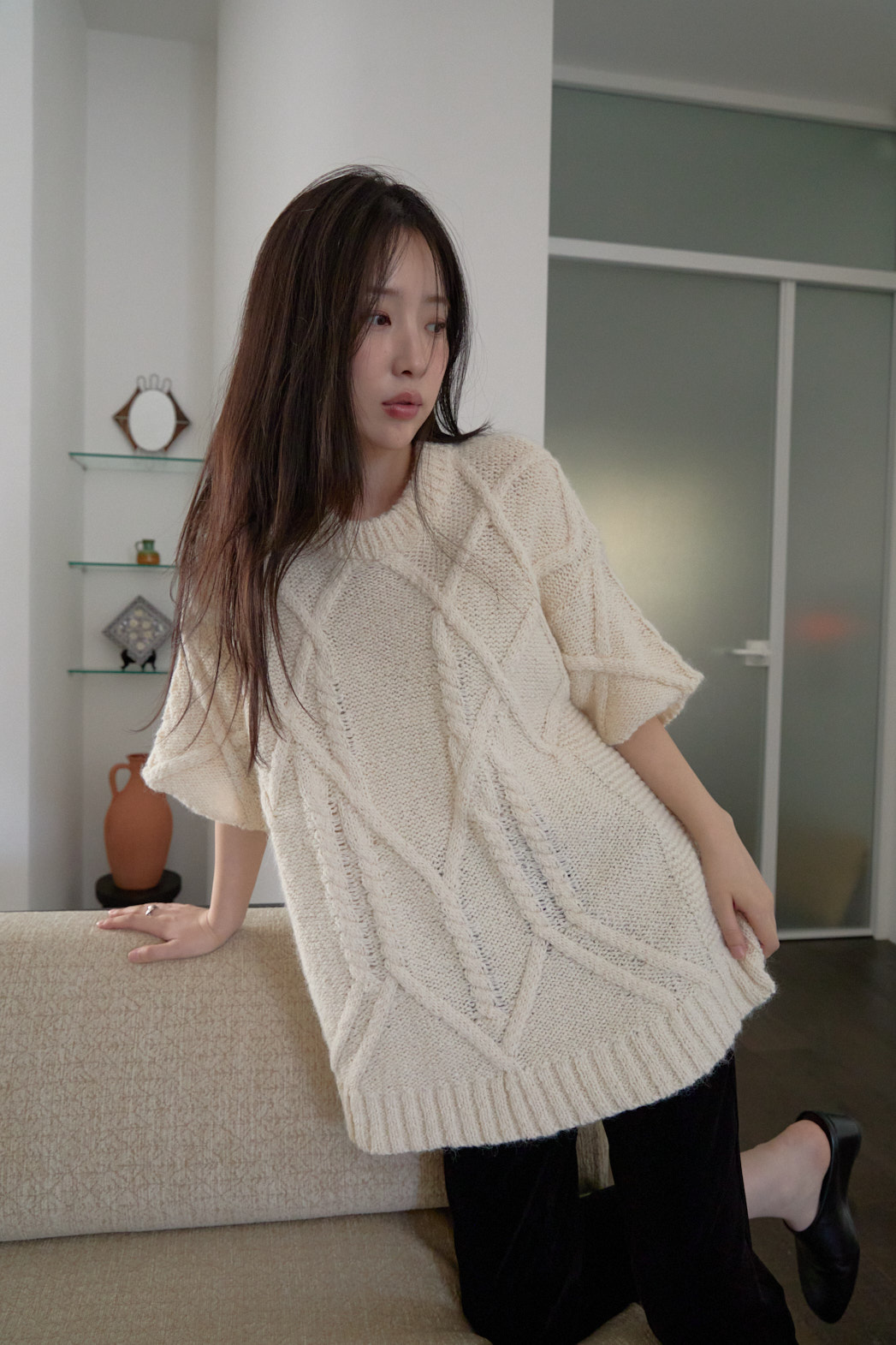 アルパカ混紡ラウンドネックケーブルルーズケーブルニットFW | 詳細画像16