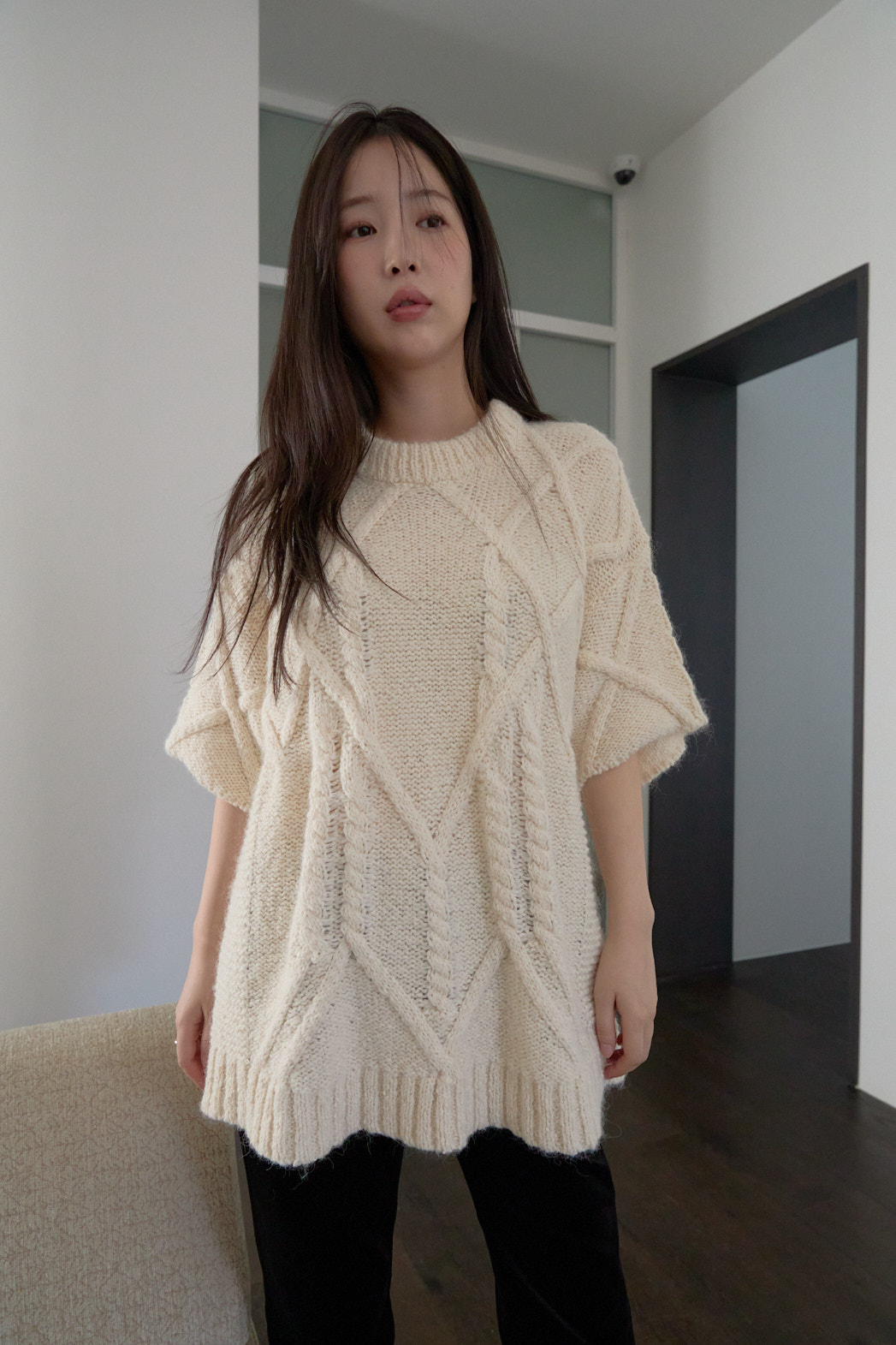 アルパカ混紡ラウンドネックケーブルルーズケーブルニットFW | 詳細画像17