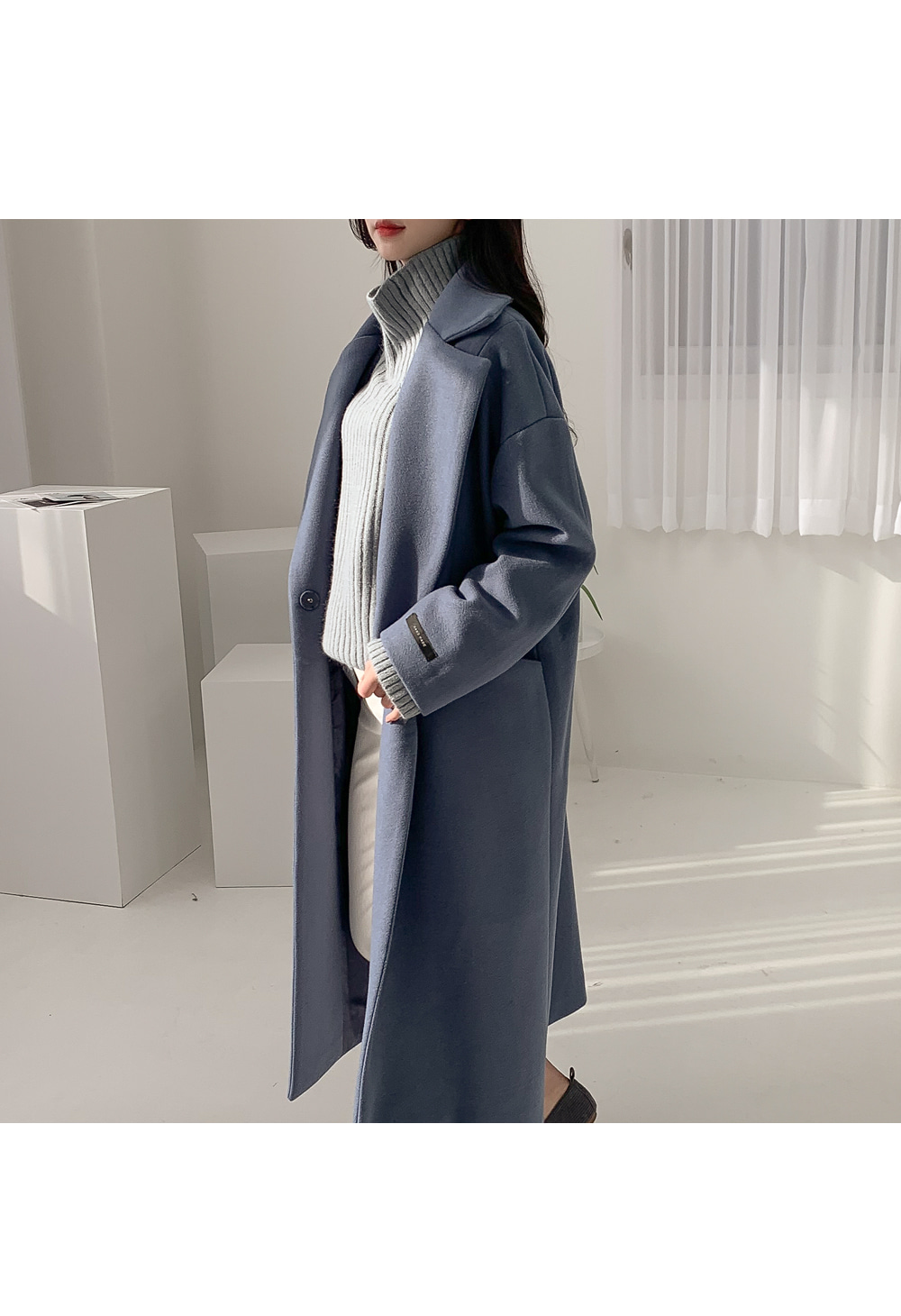 クロシェ 5万円 ウール ブークレ ロングコート ブルー ゆったり D5 ウールナイロン フレアロングコート｜mtmodelist(エムティーモデリスト