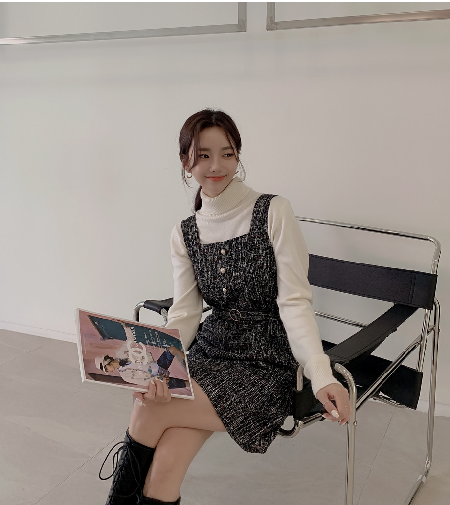 【韓国ブランド】ベルトツイードワンピースミニバージョン ベルトSETツイードミニワンピース | レディースファッション通販