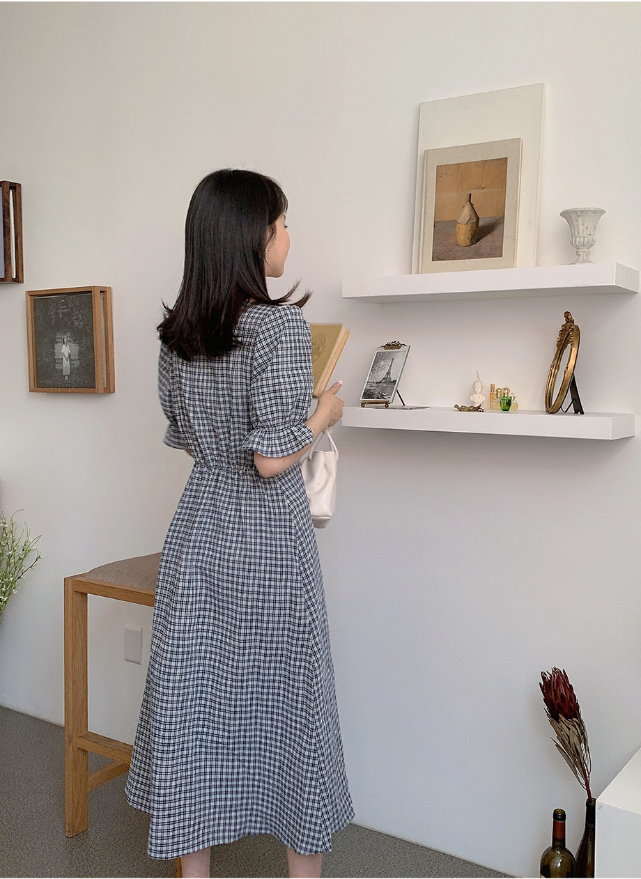 フリルスクエアネックチェックワンピース | レディース