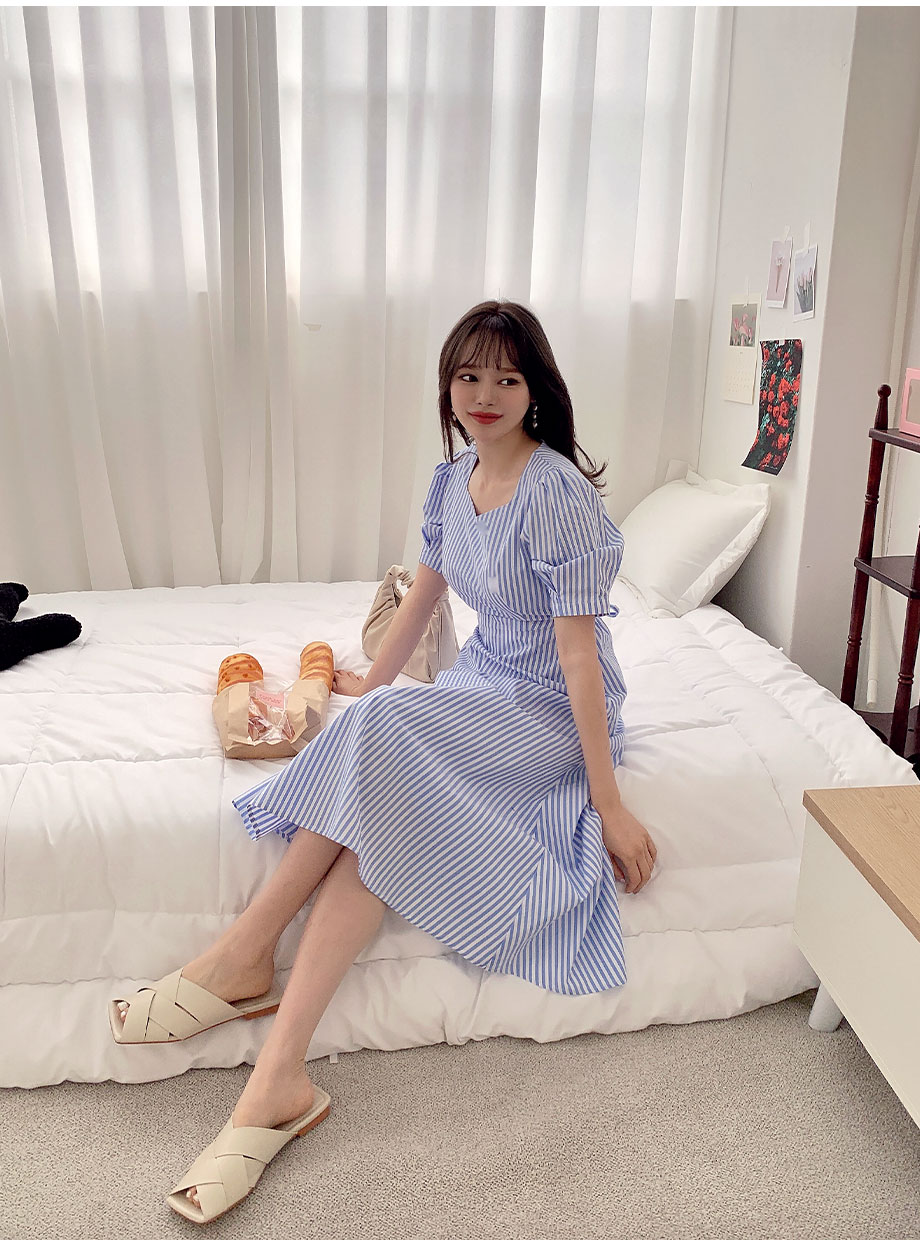 スクエアVネックストライプワンピース | レディースファッション通販