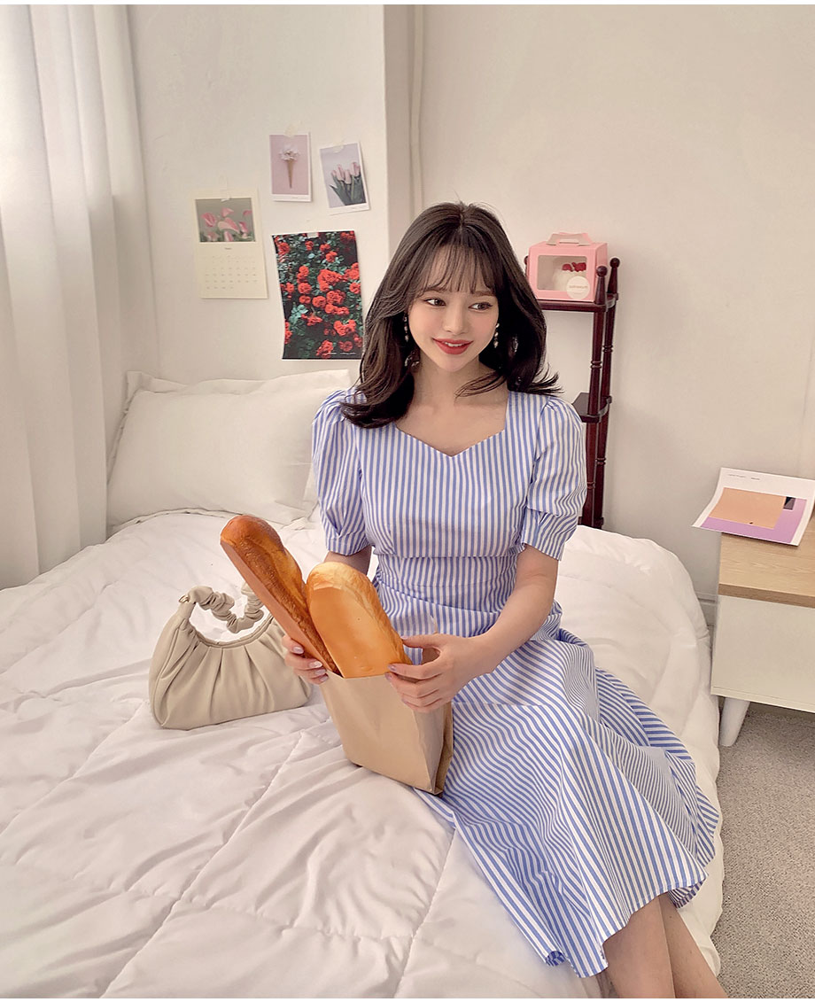 スクエアVネックストライプワンピース | レディースファッション通販