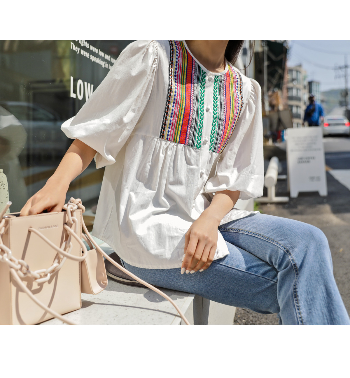 2点セット エスニック刺繍ブラウス×ルーズパンツ 韓国 s6808 エスニック風V開き刺しゅう使いブラウス ［Soiunique］ 通販