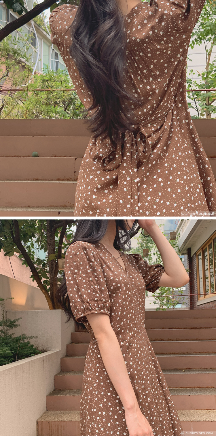 ラップネックブラウンドットワンピース | レディースファッション通販