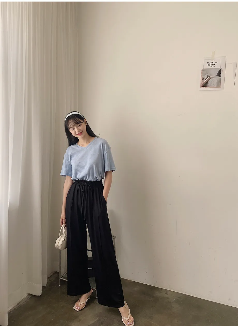 리리앤코 멜튼 밴딩 핀턱 와이드 팬츠