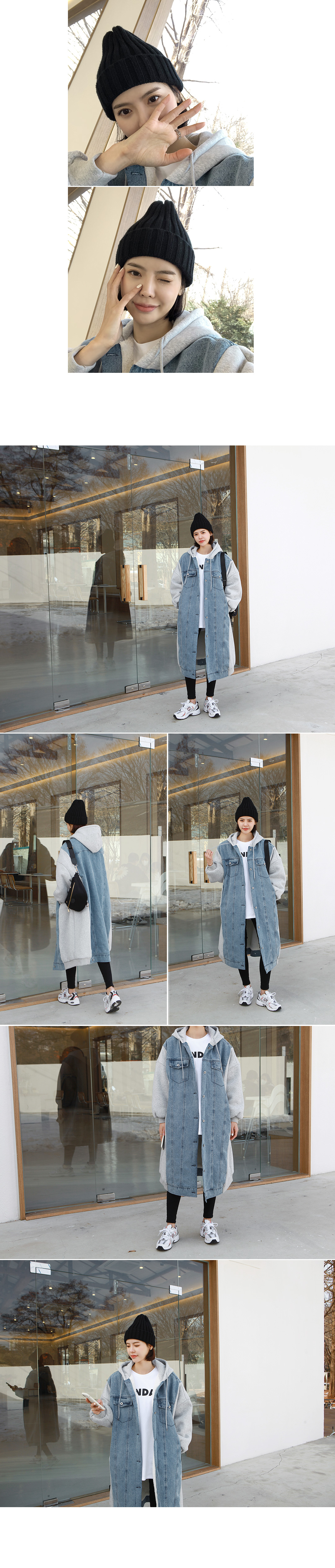 ボア裏地コットン配色フードデニムロングコート | レディース