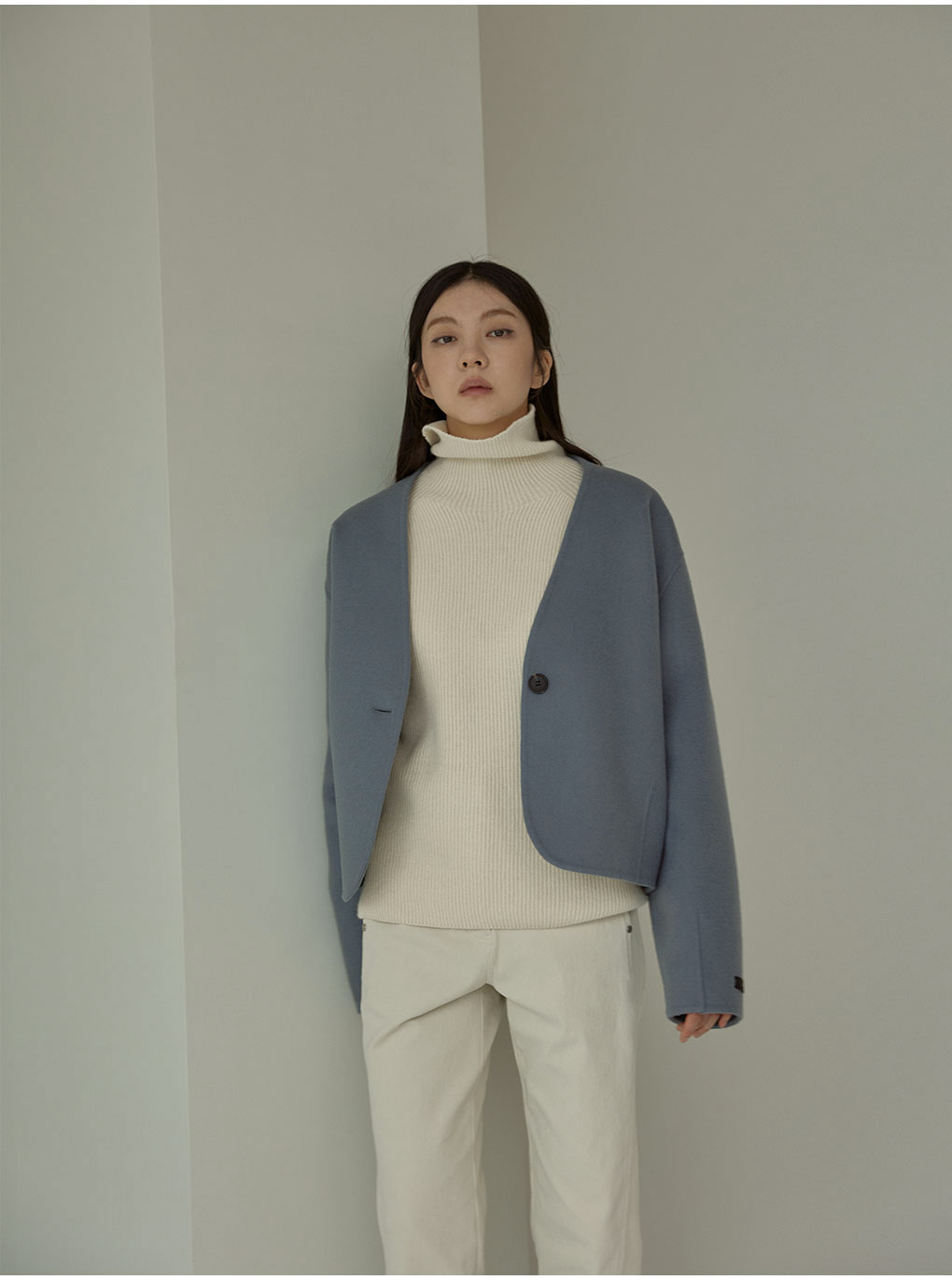 ノーカラーショート丈コート(ブルー) | レディースファッション通販 - DHOLIC
