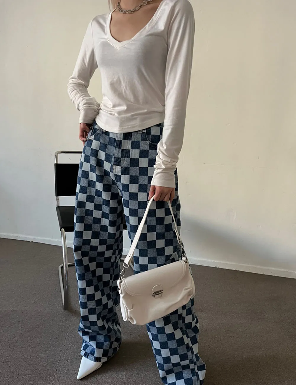 裏起毛ブロックチェックデニムパンツ | レディースファッション通販 