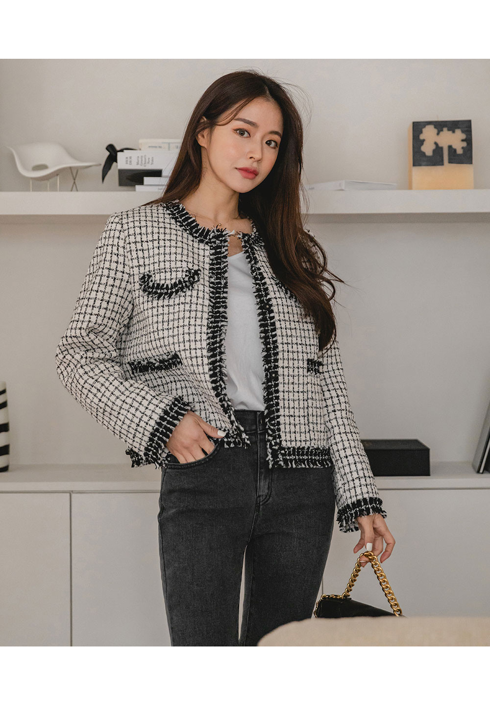 極美品♡セオリー　ノーカラーツイードジャケット　フリンジ　マルチカラー　赤　00 極美品♡セオリー ノーカラーツイードジャケット フリンジ