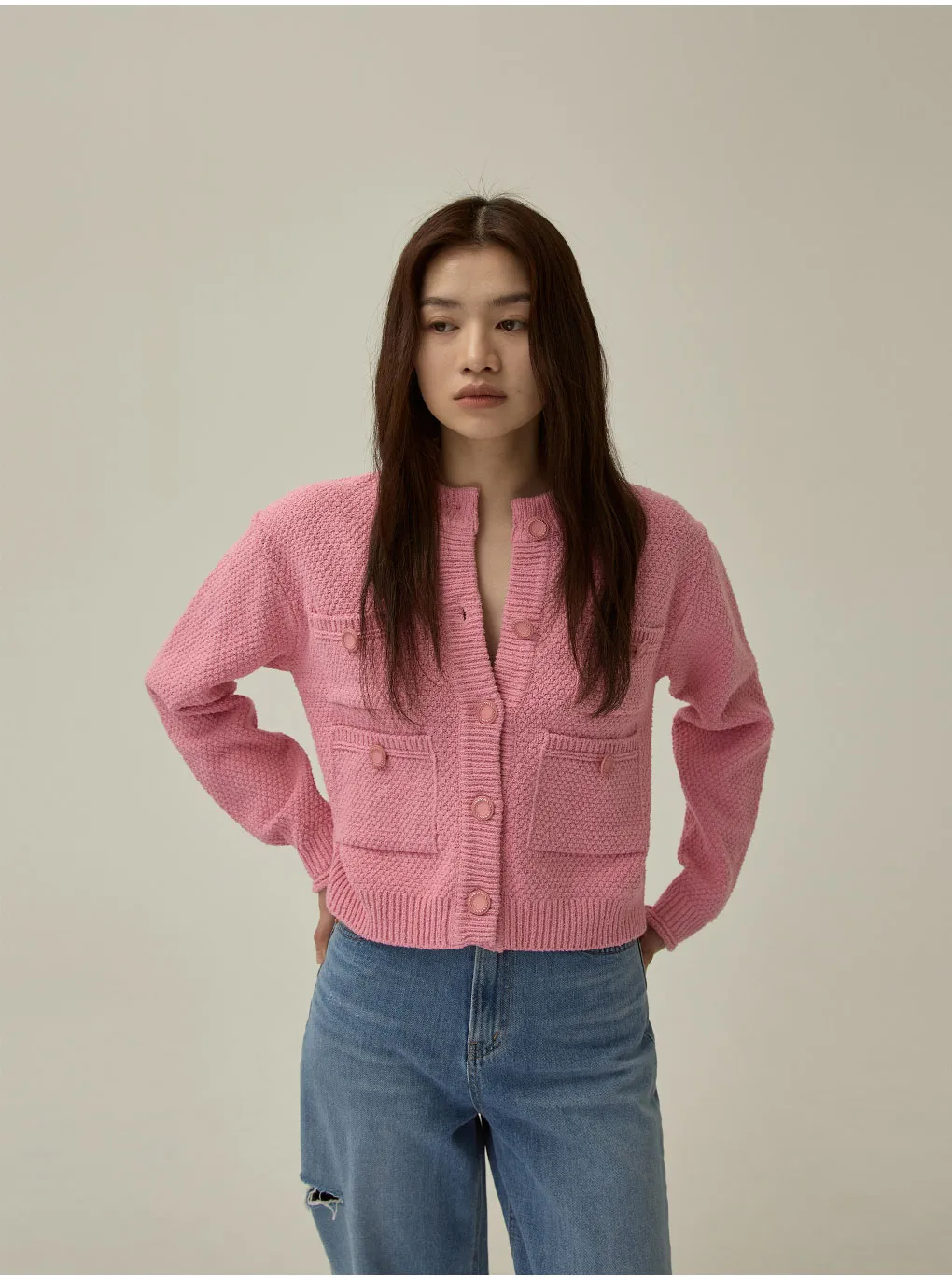 ポケットツイードニットカーディガン(ピンク) | レディース  