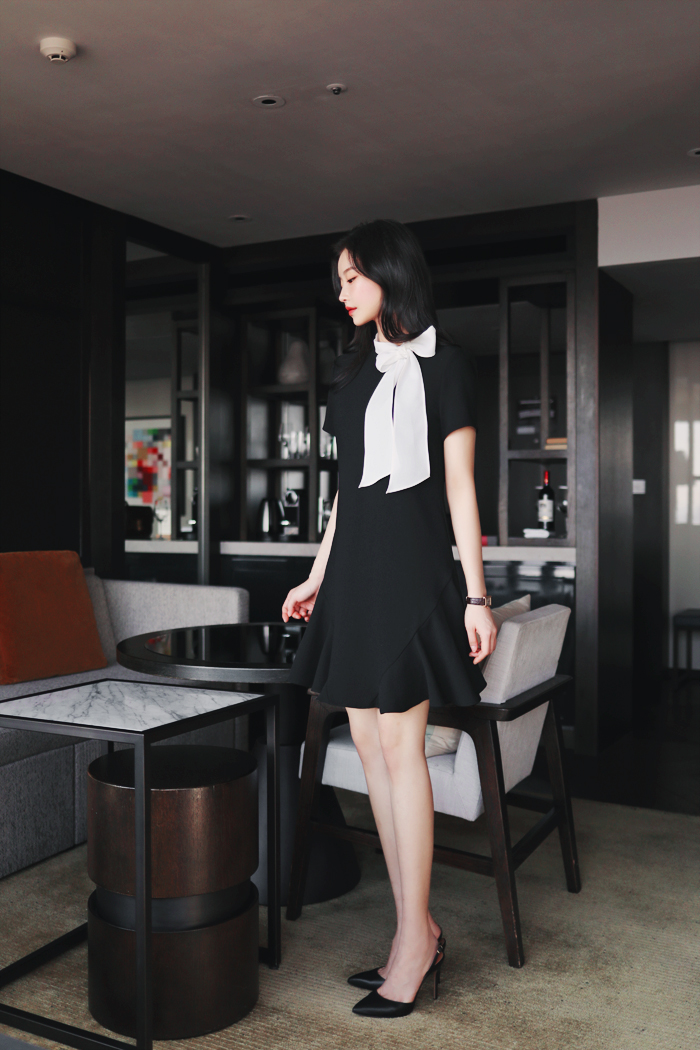 配色ボウタイAラインワンピース | レディースファッション通販