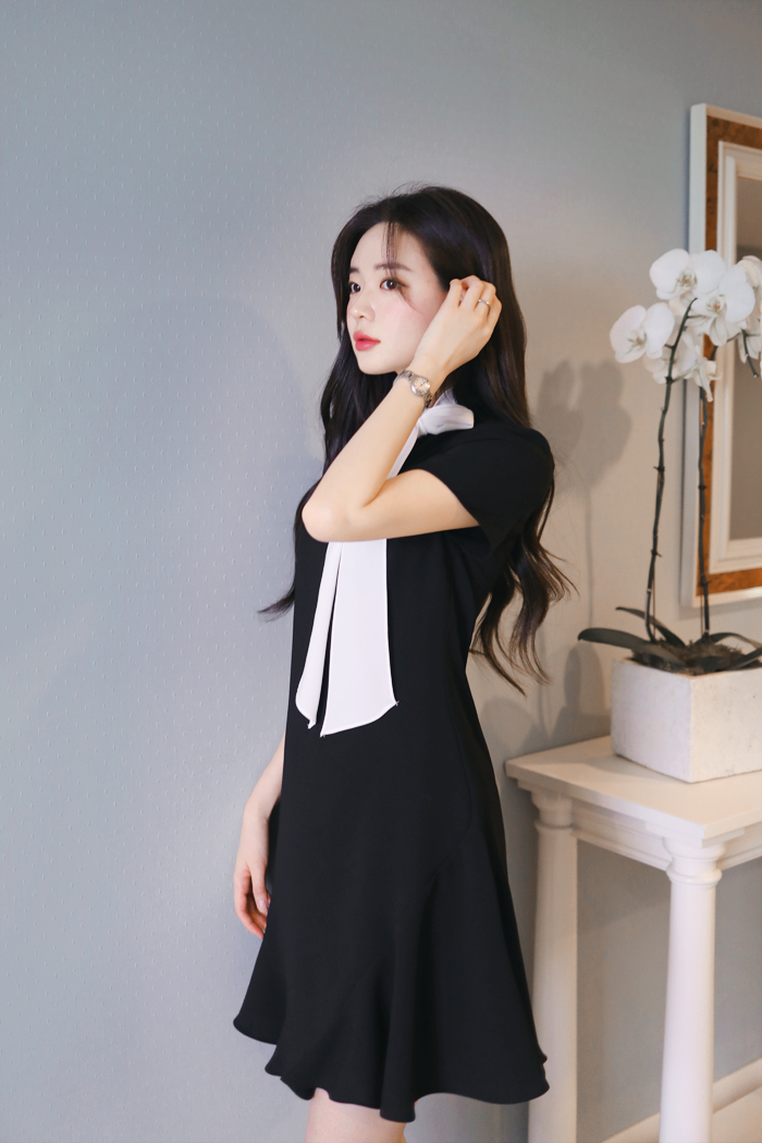 配色ボウタイAラインワンピース | レディースファッション通販