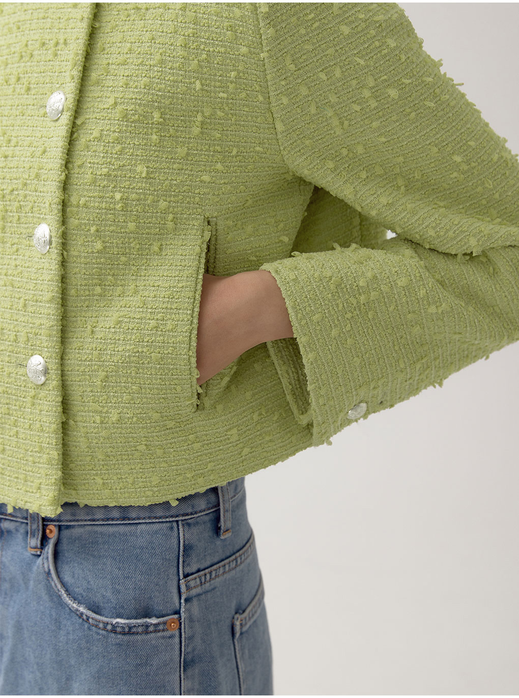 ダブルボタンツイードショートジャケット(グリーン) | レディース
