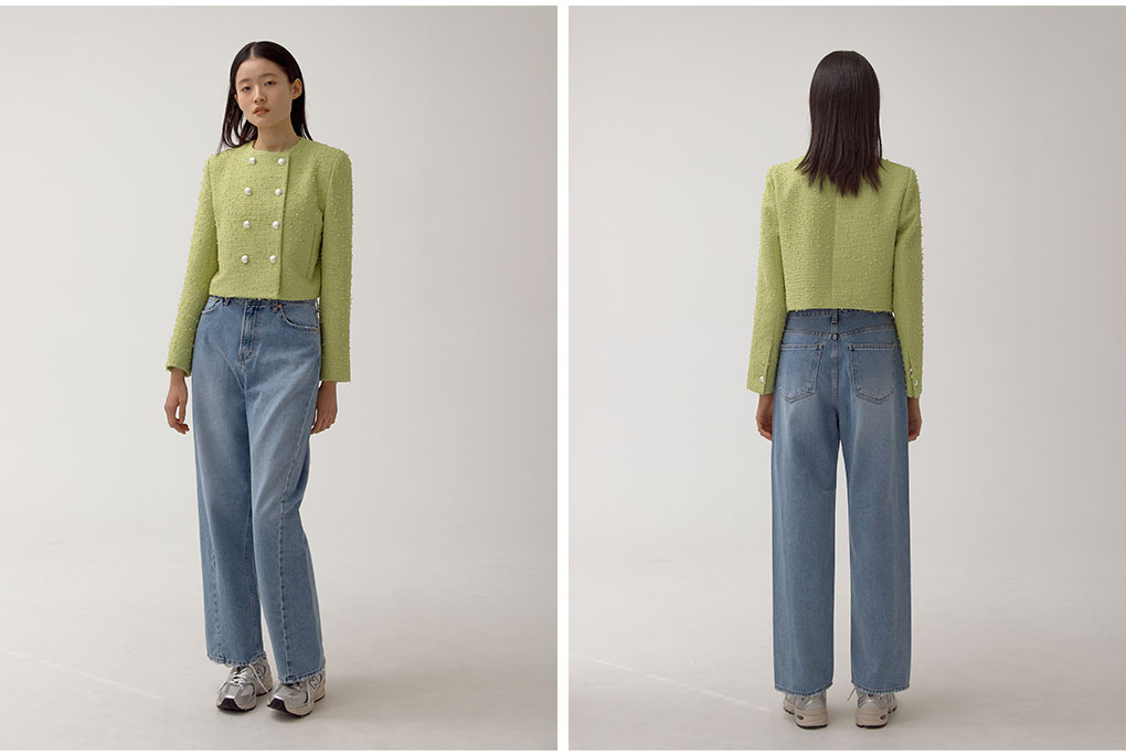 ダブルボタンツイードショートジャケット(グリーン) | レディース