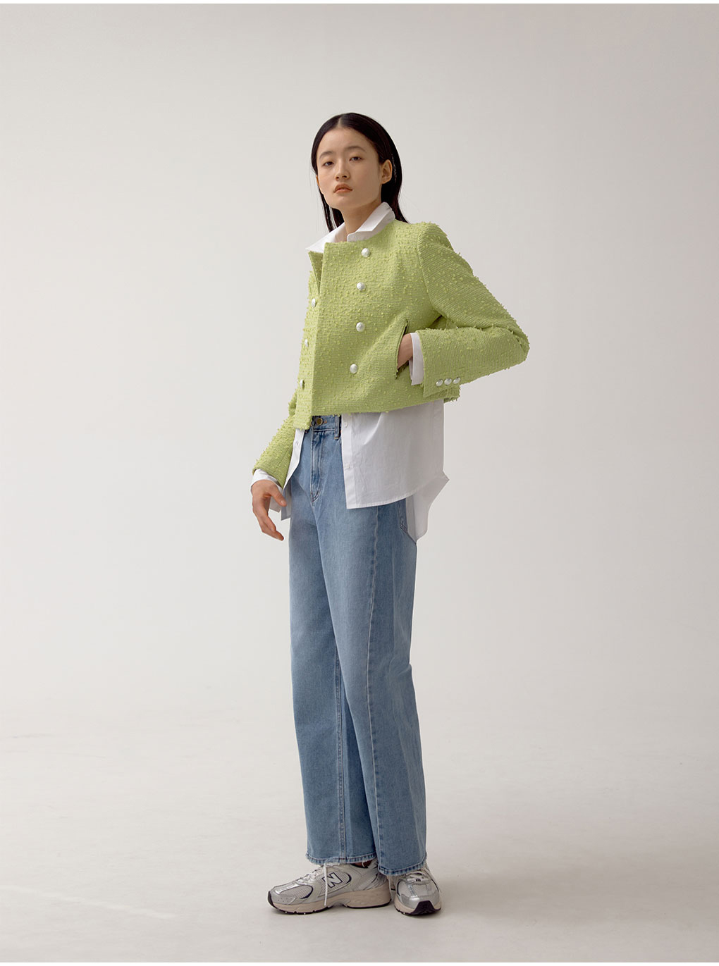 ダブルボタンツイードショートジャケット(グリーン) | レディース