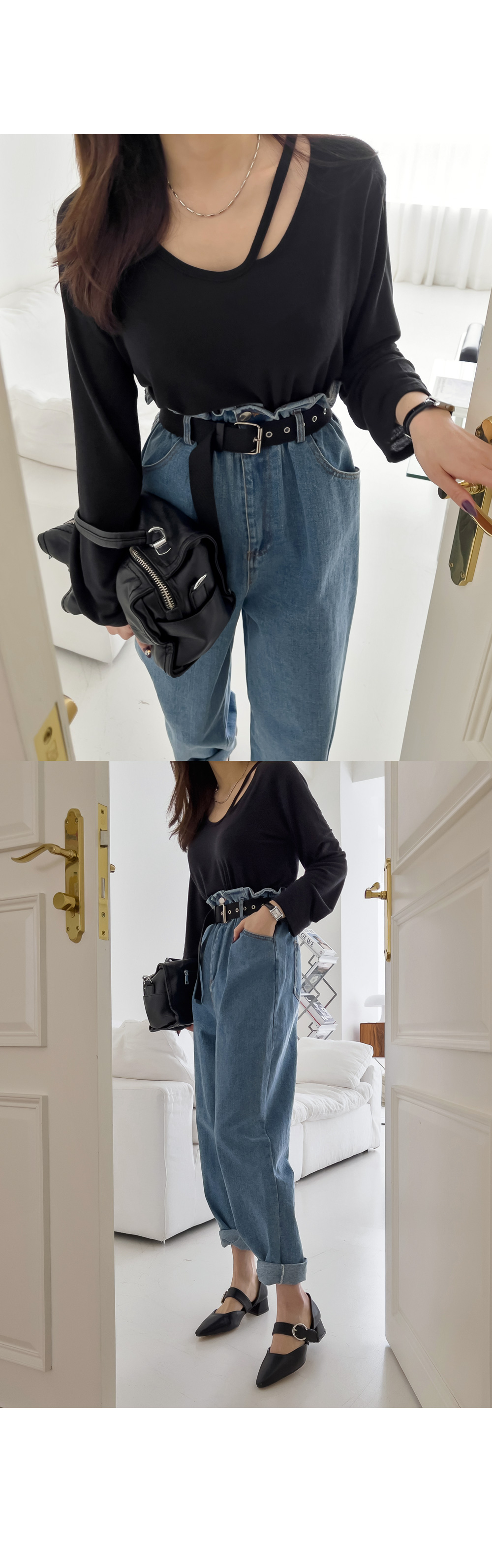 ダークブルーデニムパンツ ウエストゴム ベルト付き ベルト付ハイウエストゴムデニムパンツ | レディースファッション通販