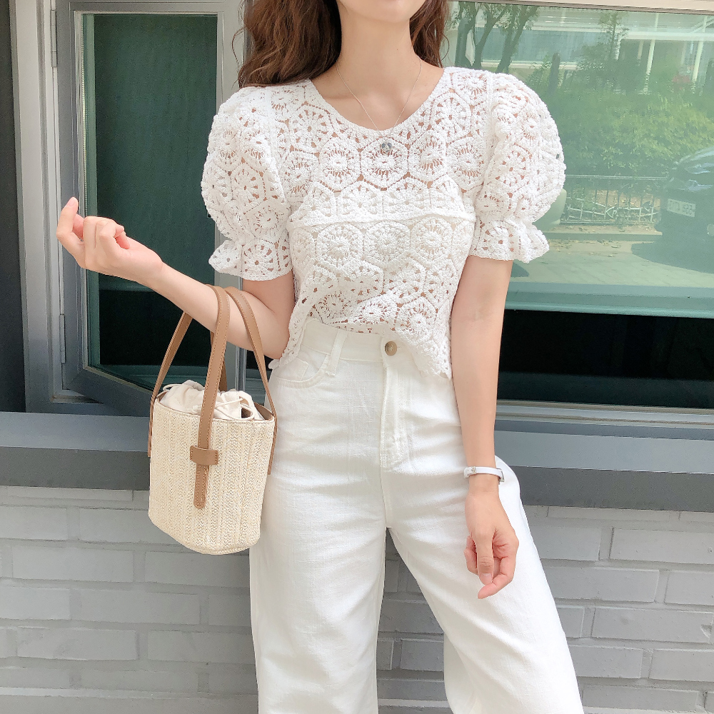 ELCHELE ニットクロシェボディースーツ KNIT CROCHET BODYSUITE W/NECKTIE