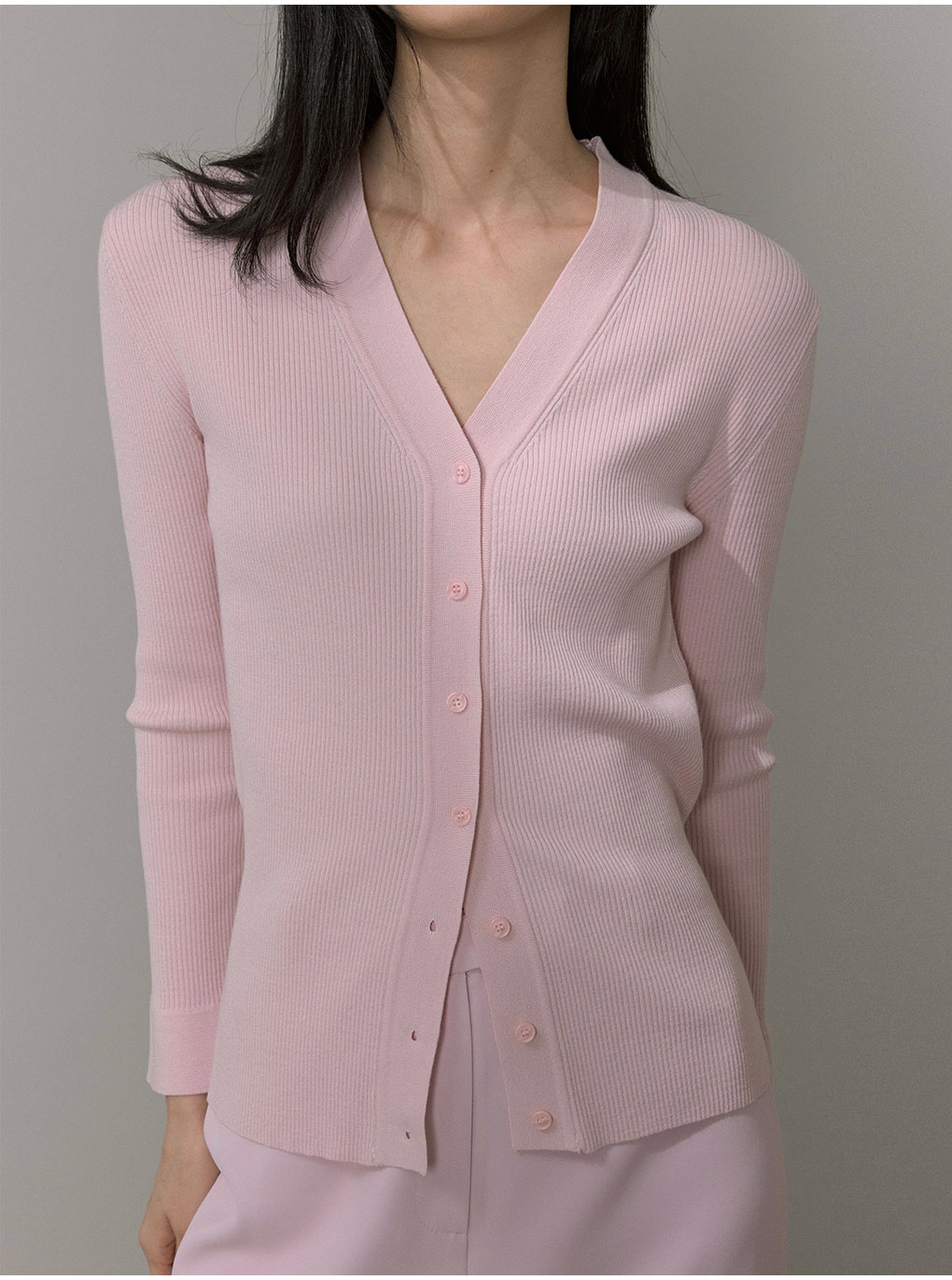 Vネックリブニットカーディガン(ピンク) | レディースファッション通販