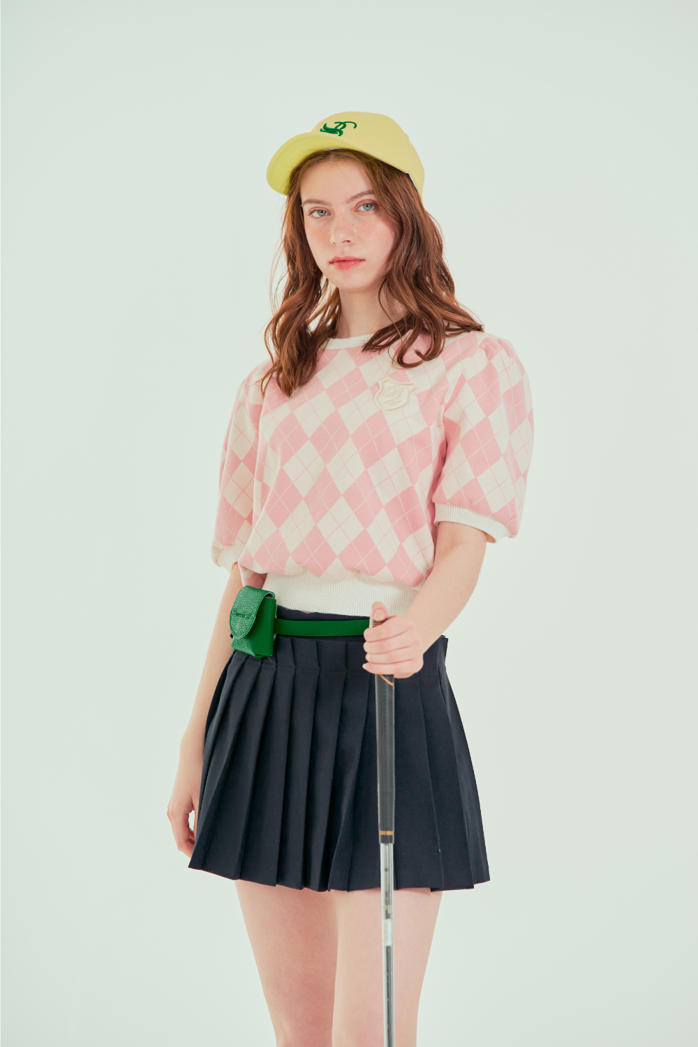 アーガイルチェックワッペン半袖ニット(ピンク) | レディース