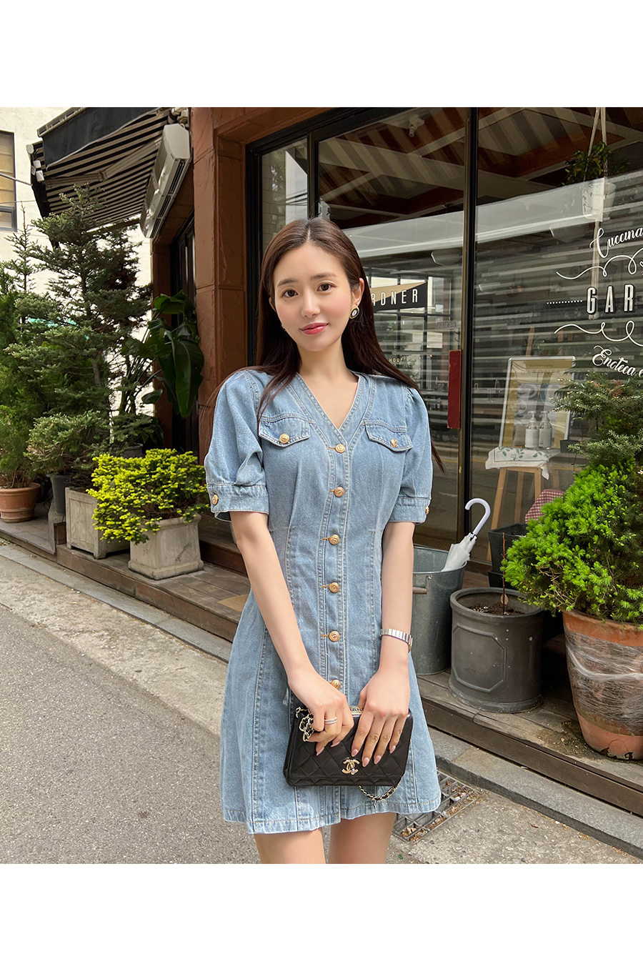 女性用デニムワンピース,Vネック,シングルブレスト,長袖