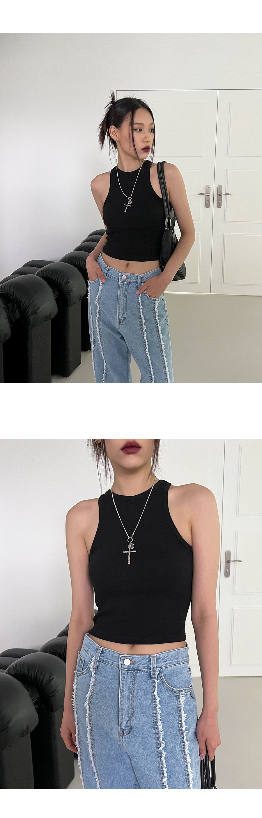 クロップドアメリカンスリーブタンクトップ | レディースファッション