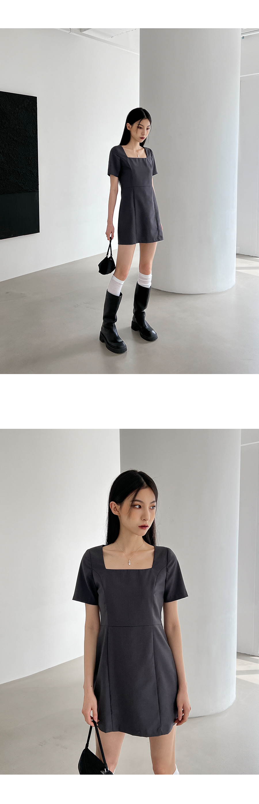 ★ChicLine★アルボン スクエアネック テープ Hラインワンピース スクエアネックステッチラインワンピース | レディース