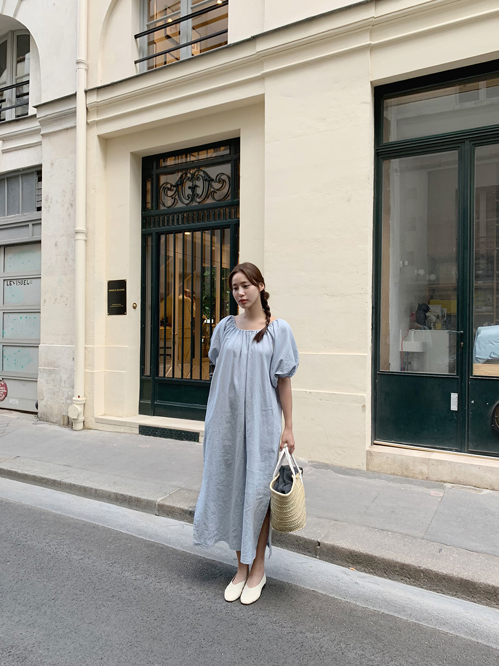 リネン混オフショルロングワンピース | レディースファッション