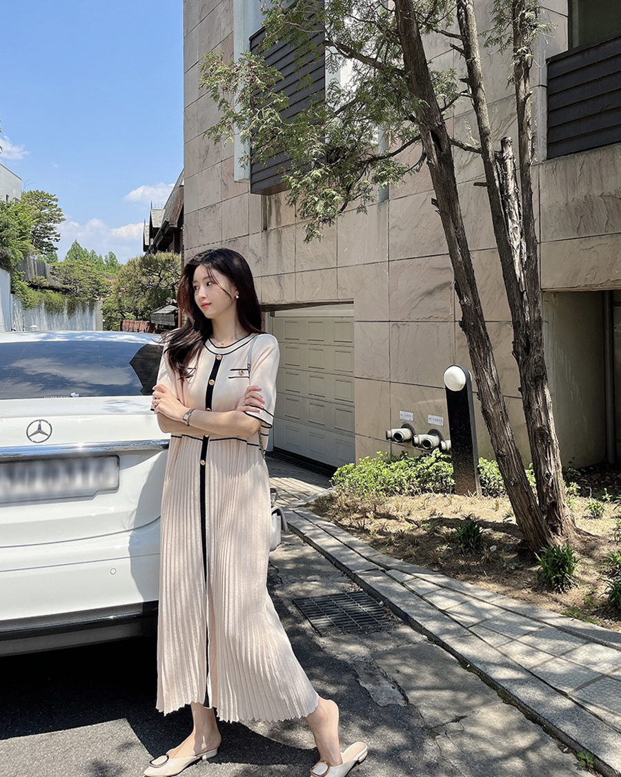 配色ラインプリーツニットワンピース | レディースファッション