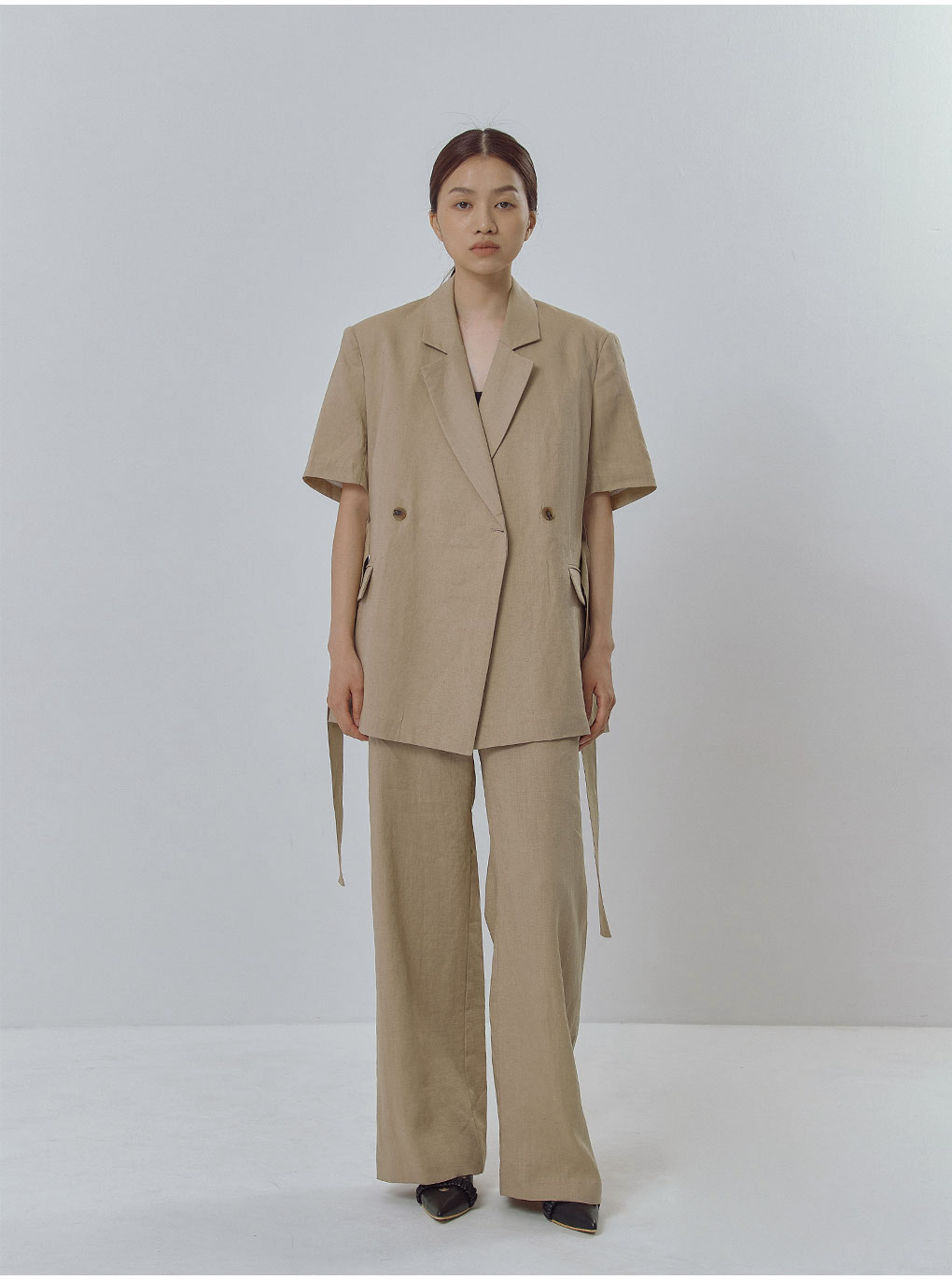 バックゴムリネンワイドパンツ(ベージュ) | レディースファッション