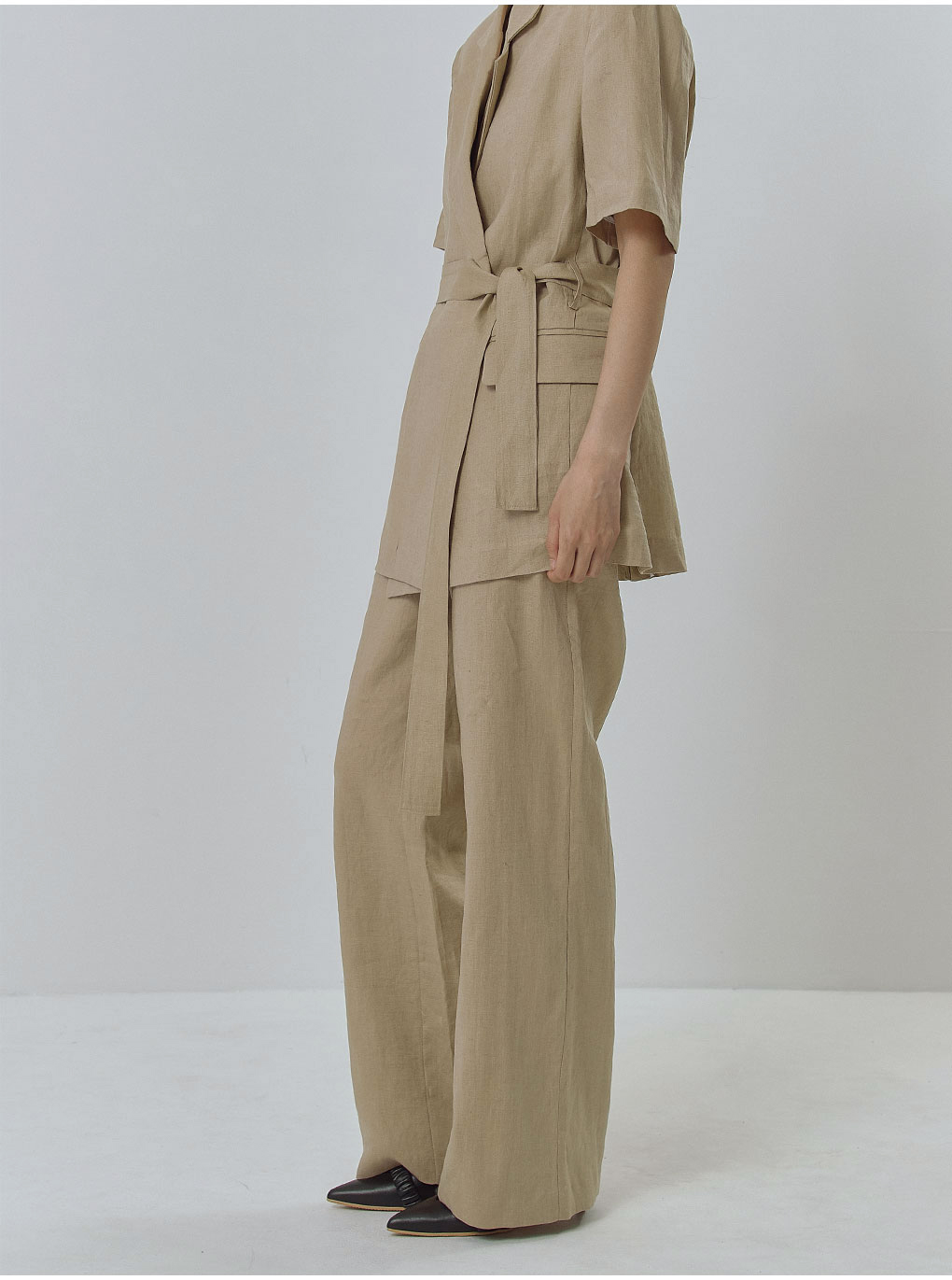 バックゴムリネンワイドパンツ(ベージュ) | レディースファッション