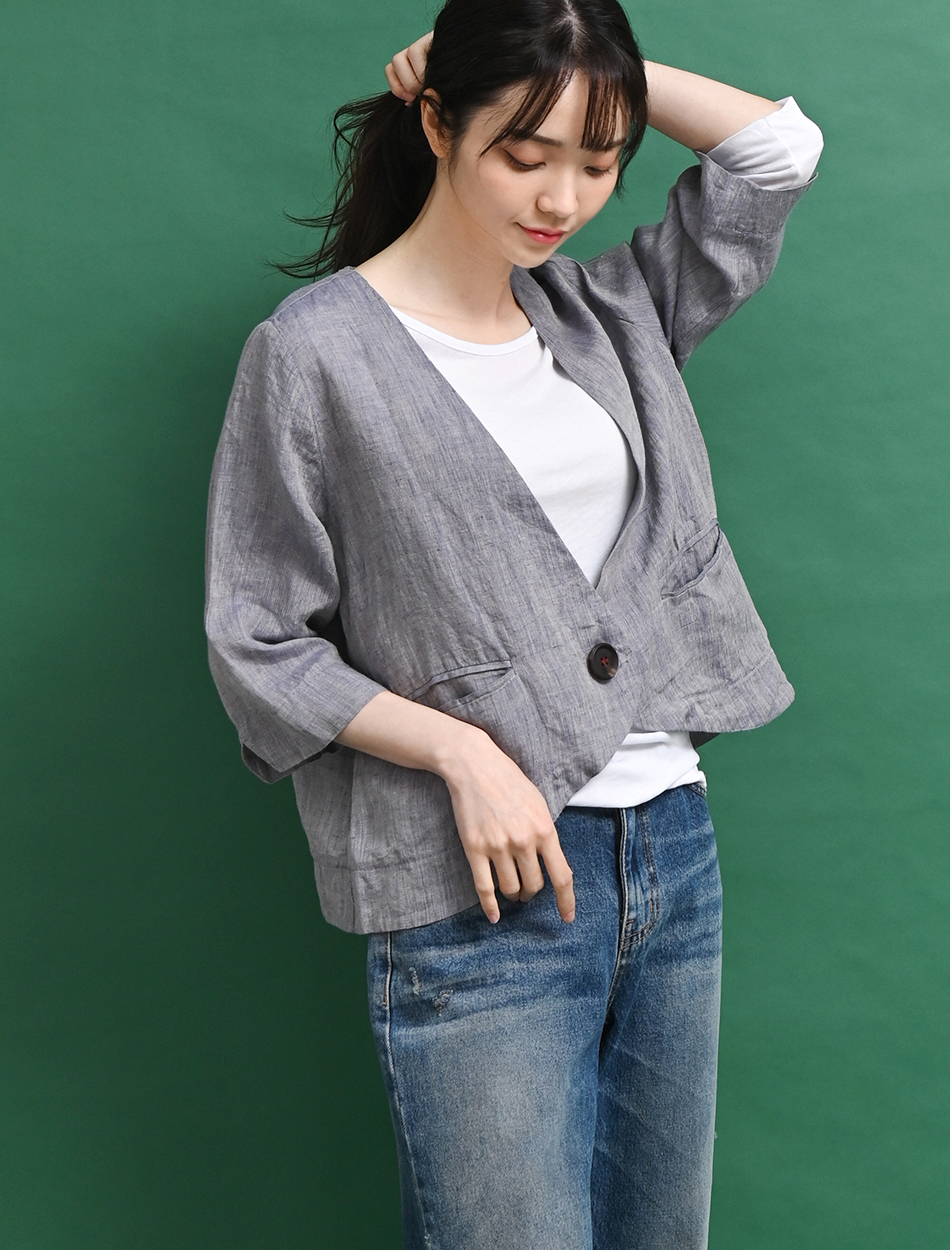ワンボタンクロップドリネンジャケット | レディースファッション通販
