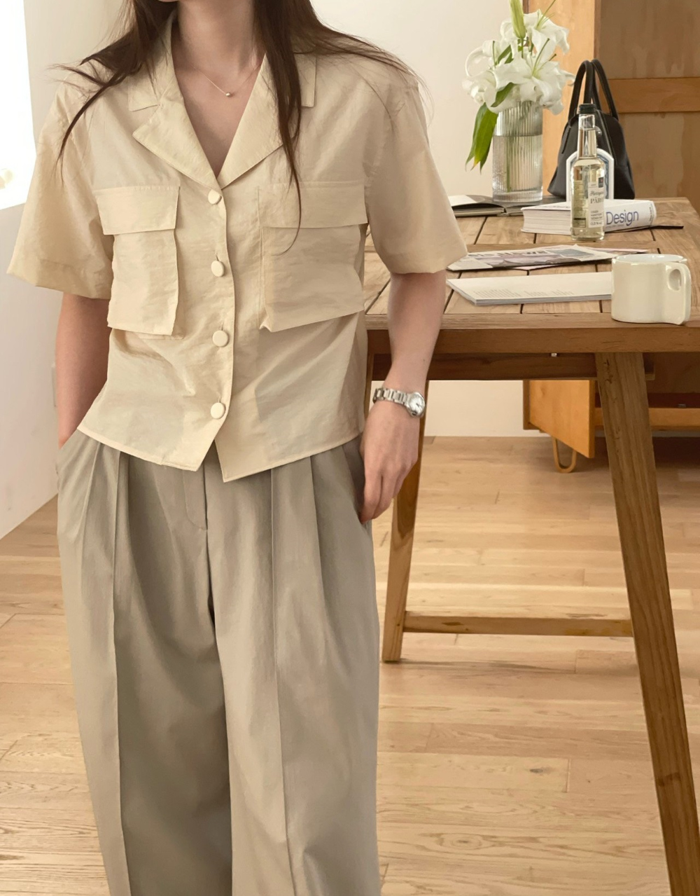 杉*二様 値下げ！cullni 20aw ビッグフラップポケットシャツ　ベージュ フラップポケットオープンカラーシャツ | レディースファッション通販