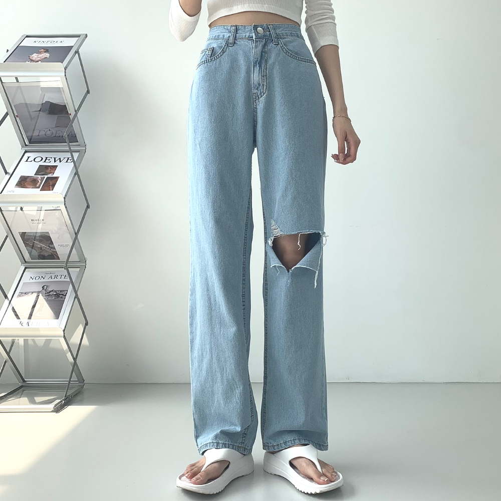 膝 カットアウト バックル ワイドレッグ デニム パンツ i2130 セール】4D46 BARREL LEG JEANS 斜めステッチ ワイド バレル