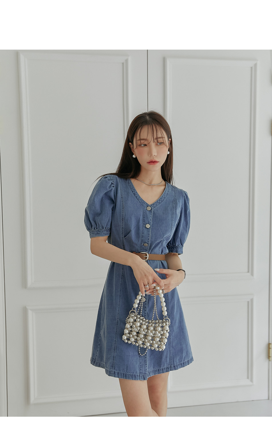 ベルト付Vネックデニムパフワンピース | レディースファッション通販