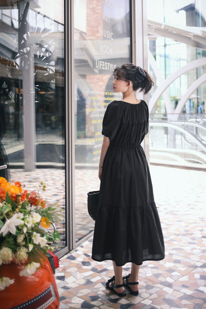 リボンネックティアードロングワンピース(black) | レディース