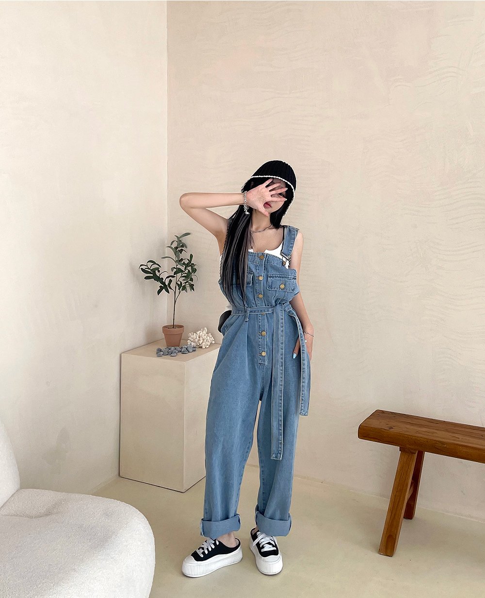 ストラップ付ハーフボタンデニムサロペットパンツ | レディース