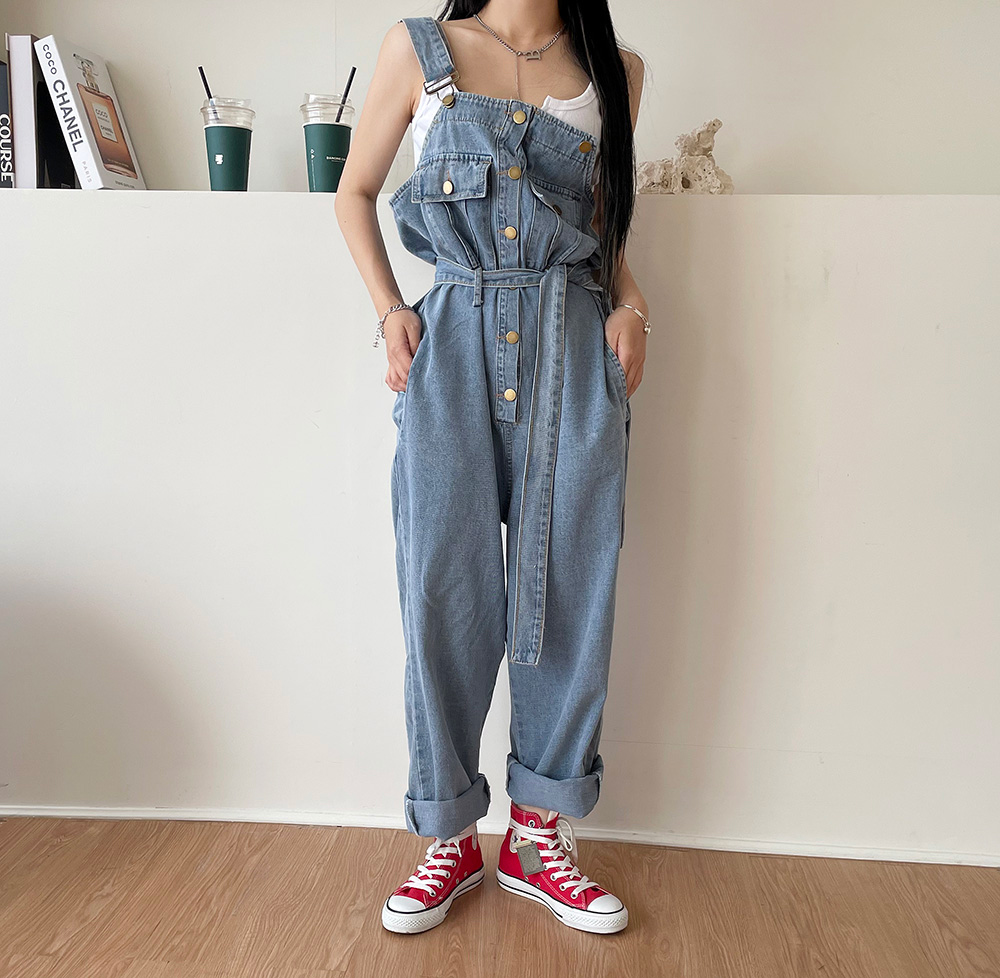 ストラップ付ハーフボタンデニムサロペットパンツ | レディース