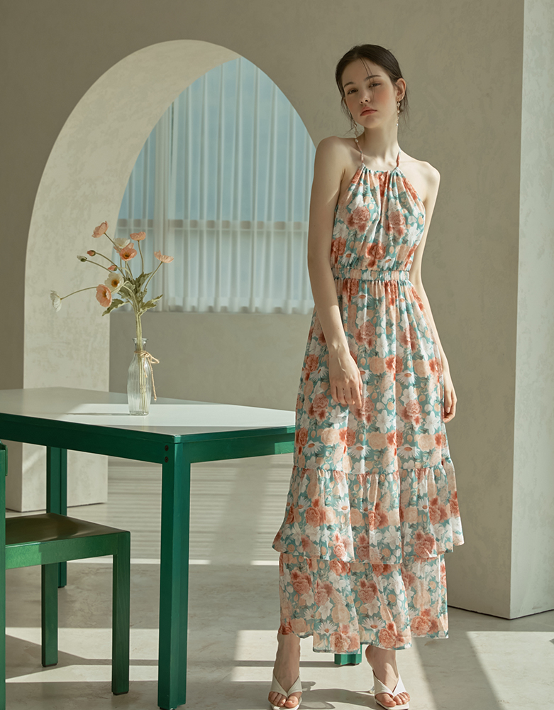 ホルターネックフラワーティアードワンピース | レディース