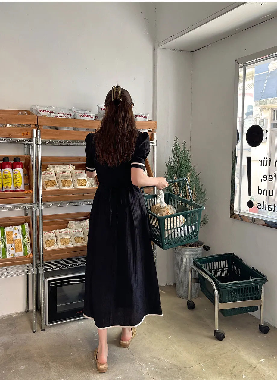 리리앤코 미쥬린 배색 퍼프 스트랩 롱 원피스