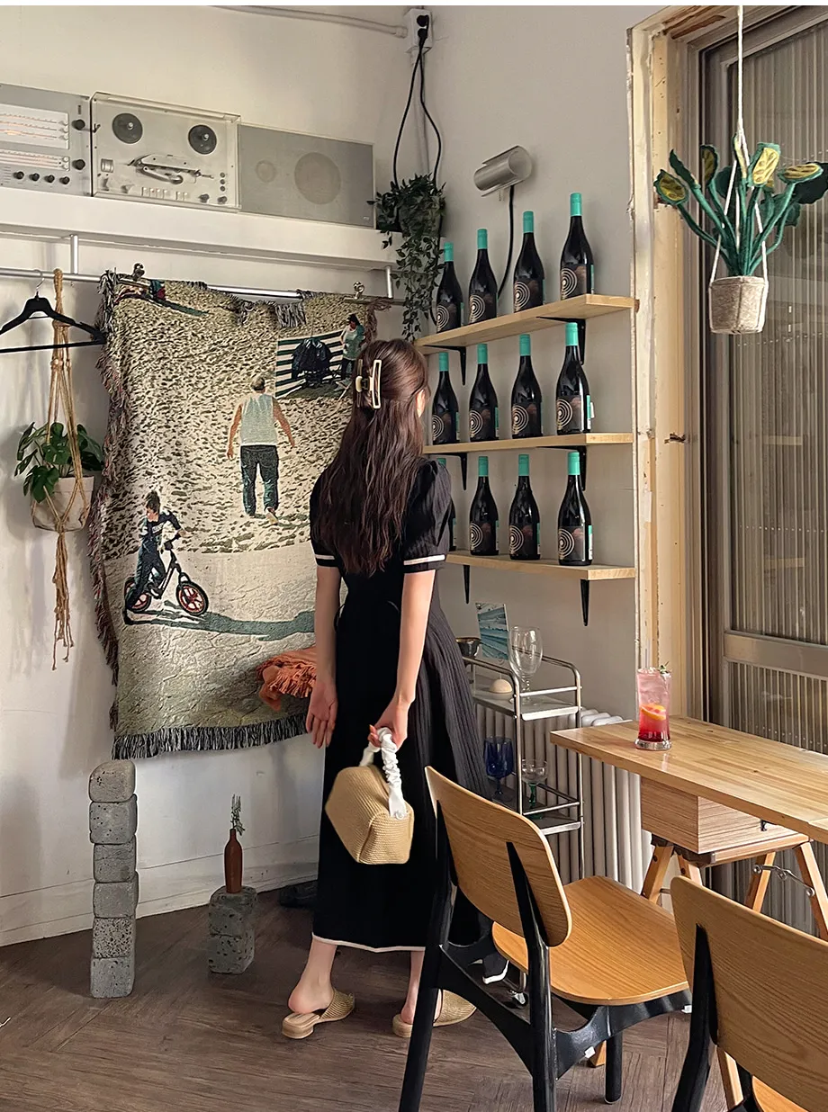 리리앤코 미쥬린 배색 퍼프 스트랩 롱 원피스