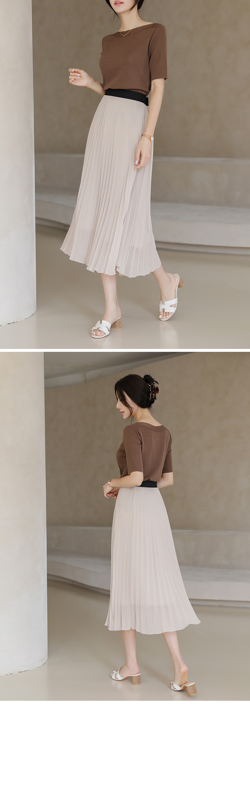 【極美品】　アールピーエス　ウエストゴムベルトデザインシフォンプリーツスカート ウエストゴム・洗える】カットソーアコーディオンプリーツ
