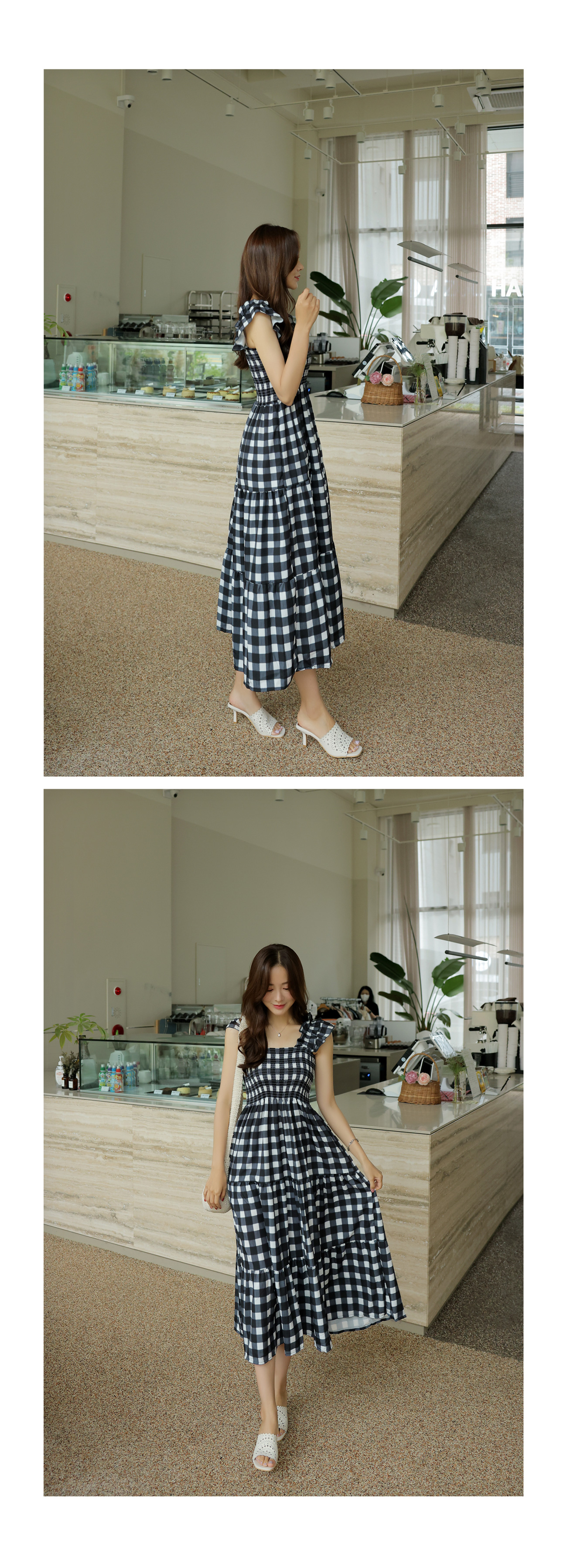 ヤンチェオンテンバール　ワンピースcheck chan　S　異素材　シャーリング 美品✨ヤンチェオンテンバール シャーリングワンピース【check