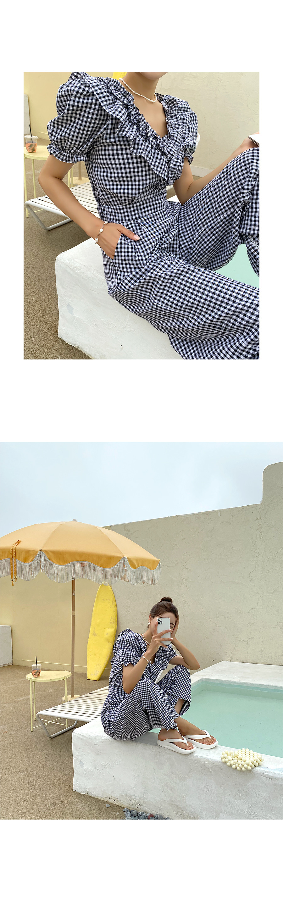 フリルVネックギンガムチェックオールインワン | レディース