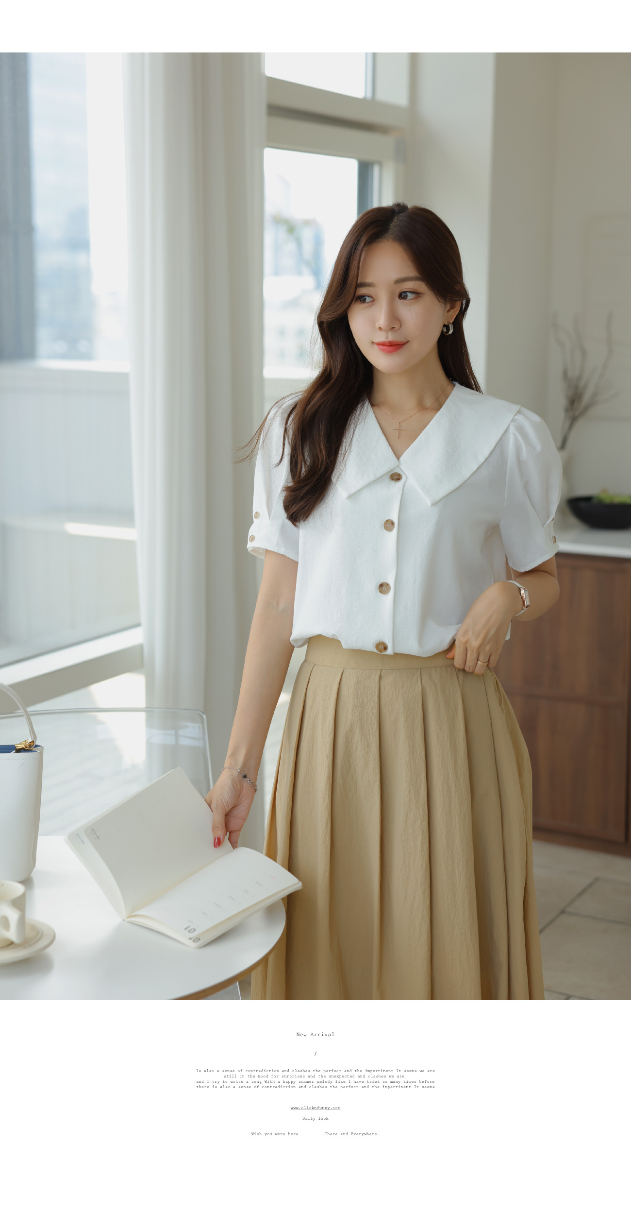 【全2色】トリミングパフ袖ブラウス　アイボリー ブルー【trimming-y25032802top】(mja )(250411) フラットカラータックパフ袖ブラウス | レディースファッション