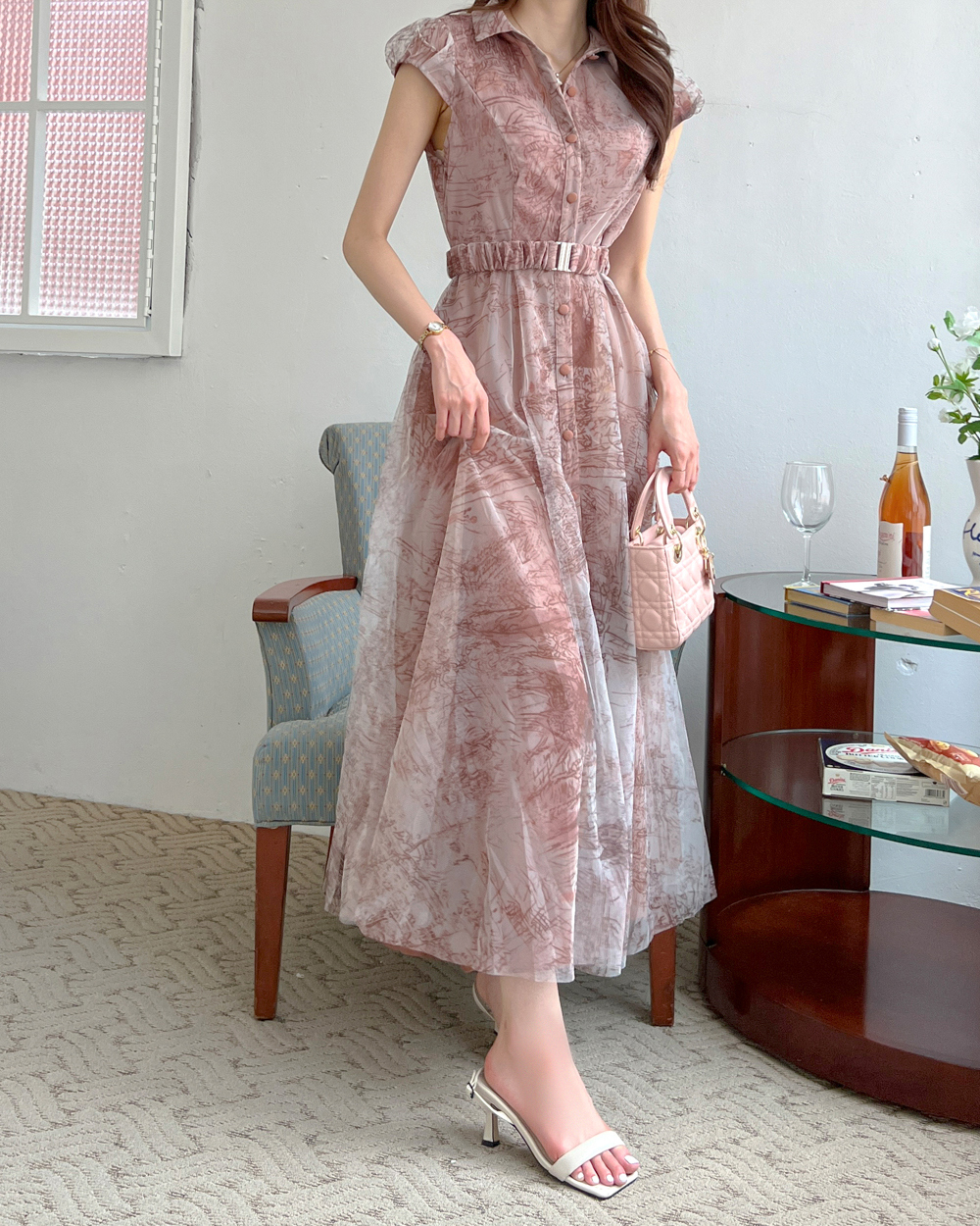 感謝sale♡ハイウエストリボンワンピース　トワルドジュイ柄　ブルー。.＊ ベルト付トワルドジュイ柄ワンピース | レディースファッション