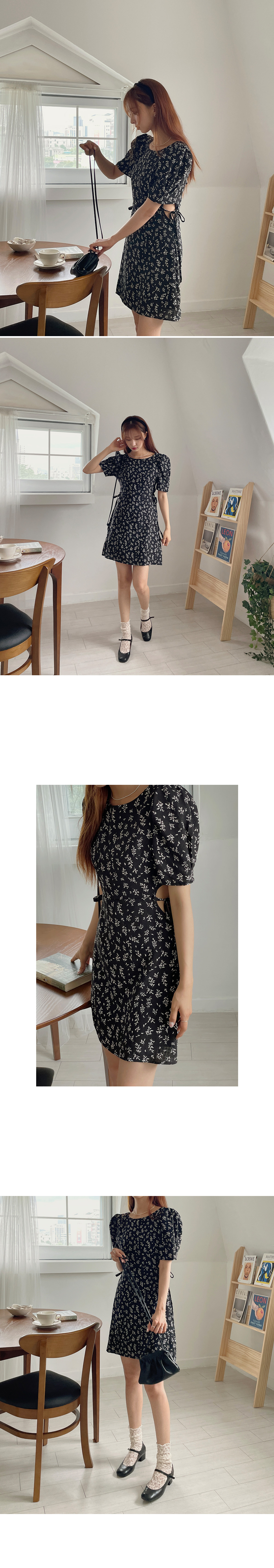 サイドカットアウトリボン花柄ワンピース | レディース
