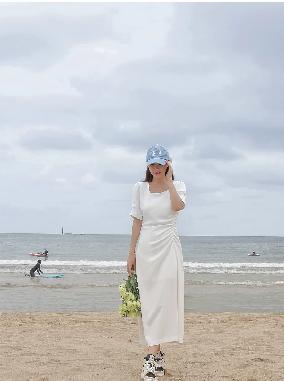 리리앤코 [웨딩룩] 슈델킨 셔링 스퀘어넥 롱 원피스