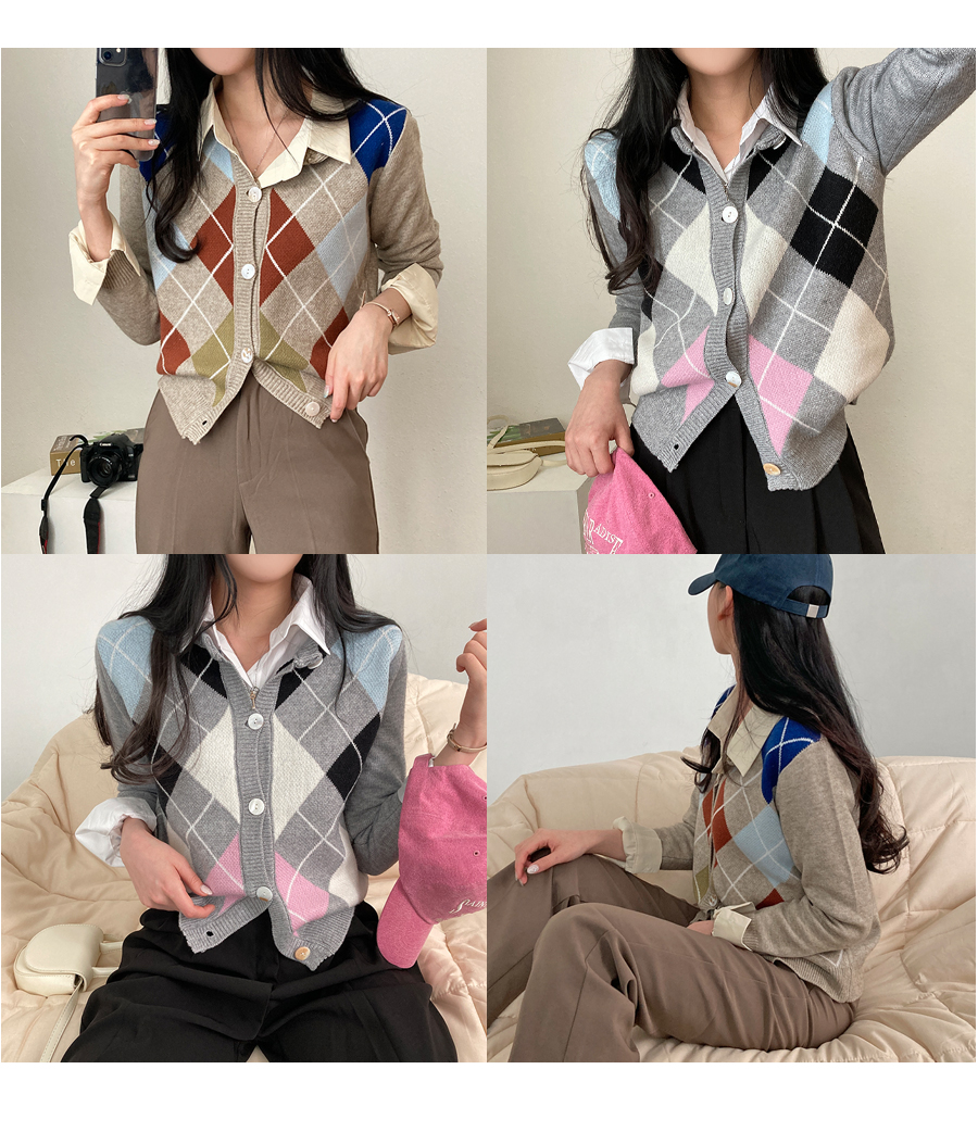 Pauline Bleu ポリーヌブロー アーガイルチェックニットカーディガン