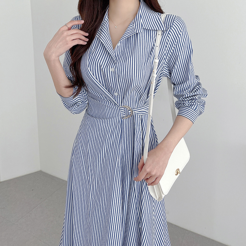 ウエストベルトストライプシャツワンピース | レディースファッション